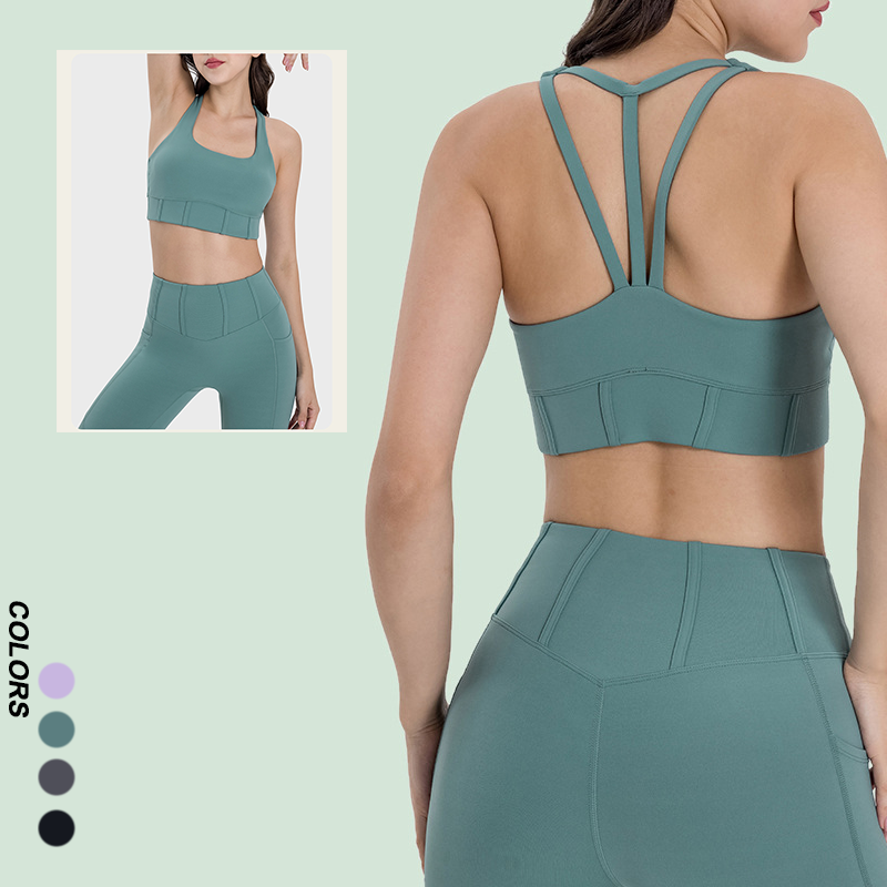 Custom Logo Best Quality Padded Polyester Spandex Tops Fitness Strappy Seamless Neckline Yoga Sports Bra