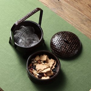 Handmade Rattan Woven Basket Round Double Layer Food <b>Container</b> With Handle Standing Type Home Use - Product Image 3