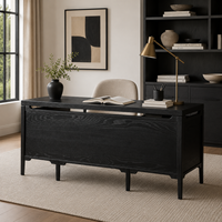Bureau d'écriture moderne noir de 70 pouces avec deux meubles de rangement à 3 tiroirs, poignées dorées, espace ouvert pour les jambes, idéal pour le bureau à domicile et les meubles d'étude
