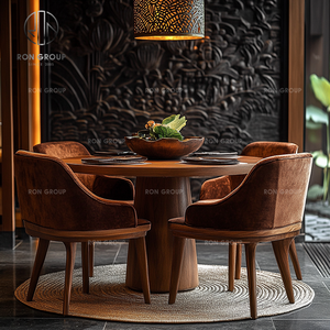 Set di Arredamento per Ristorante e Caffetteria: Tavolo Rotondo in Legno Marrone Scuro con 4 Sedie in Legno Marrone Scuro e Cuscini in Velluto per Bar - Product Image 5