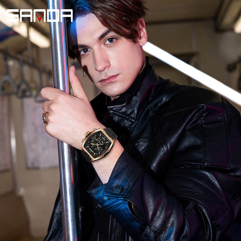 SANDA 6235 Men's Waterproof Dual Display Watch - Tonneau Dial