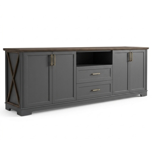 Meuble TV scandinave en bois massif avec tiroirs, console rustique industrielle à 4 portes pour salon - Product Image 1