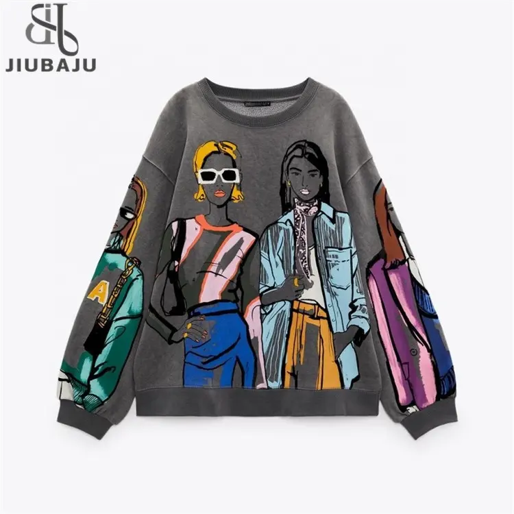 Women Fashion Modern Ladies Print Loose Fleece Sweatshirts Female O Neck Long Sleeve Hoodies Chic Pullovers Tops