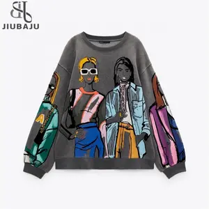 Áo Nỉ Lông Cừu Rộng In Họa Tiết Thời Trang Hiện Đại Cho Nữ Áo Hoodie Dài Tay Cổ Tròn Cho Nữ Áo Chui Đầu Sang Trọng