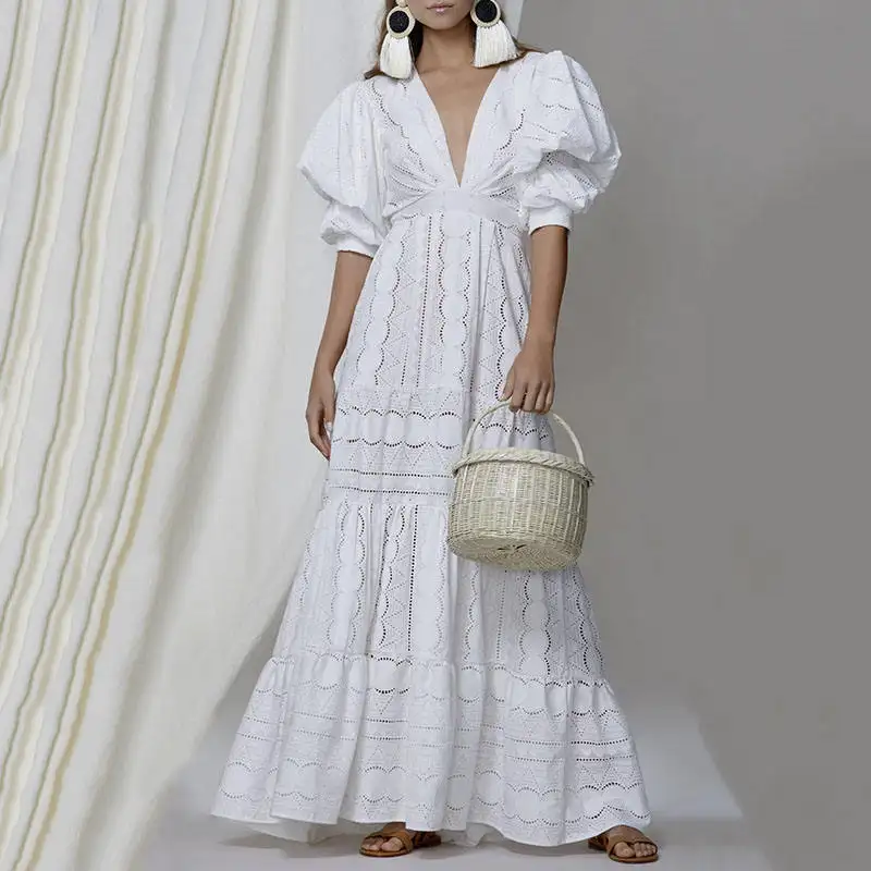 2023 Custom Y2K Summer Beach Elegant V Neck White Lace Hollow Vintage Puff Sleeve Empire Womens Solid Maxi Long Casual Dress