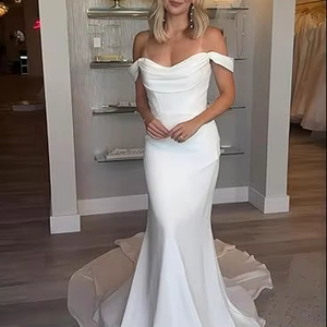 Elegant Modern A-Line Floor-Length Lace-Up <strong>Wedding</strong> <strong>Dresses</strong> with Pleat Off-Shoulder Simple Design for <strong>Maternity</strong> Bride Wholesale - Product Image 1