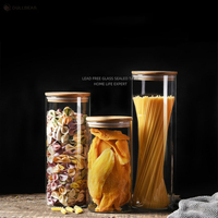Bocal de Rangement Scellé de Cuisine en Verre Borosilicate avec Couvercle en Bambou, Pot à Bonbons Transparent en Verre, Contenant à Thé