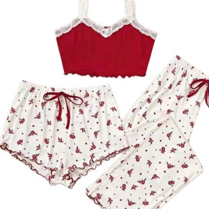 3PCS Printed Lace Decor Suspender Three Piece Underwear Female Pajamas Soft Loungewear Daily Household Wear Elegant Nightwear - Product Image 4