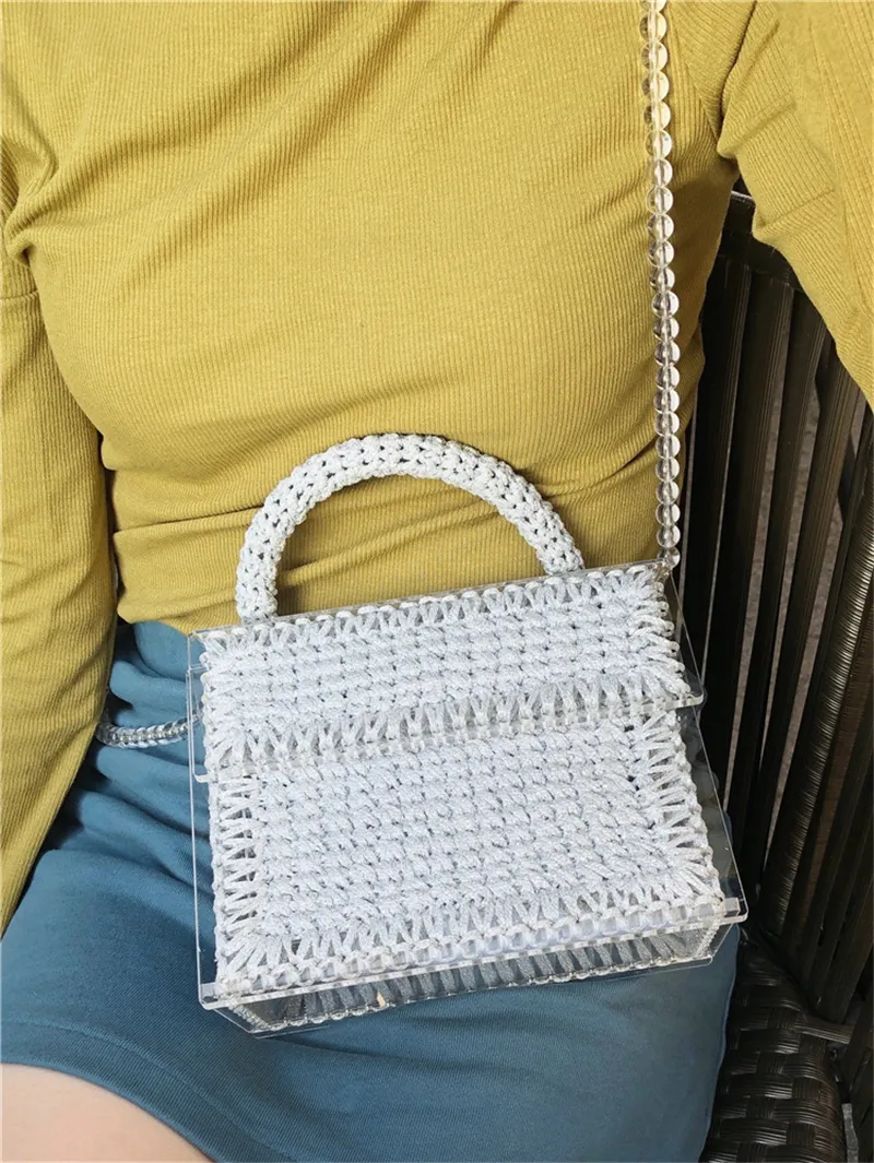 Womens Transparent Summer BeachバッグHandmade Acrylic Beaded Pearl Shoulder Bag Weave Handbag Crystal Evening Clutch Bag