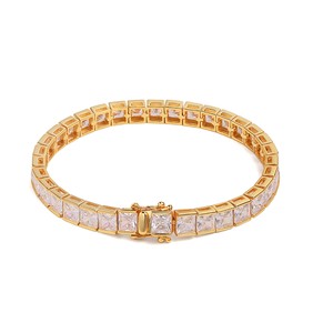 Pulsera de tenis de plata S925 con cristales de corte princesa, chapada en oro de 22K, engaste de canal, geométrica, unisex, de lujo, para uso diario - Product Image 1