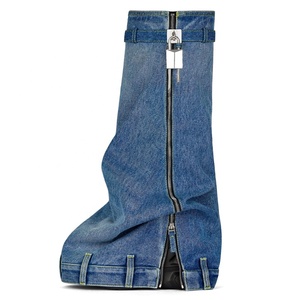 Denim Metallic Lock Shark <b>Boots</b> Cowgirls Zipper Thick Soles Knee High <b>Boots</b> Women Round Toe Slip-on Runway Party Shoes for Lady - Product Image 2