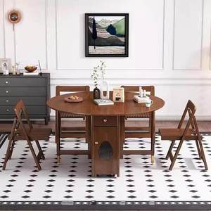 Solid Wood Round <strong>Folding</strong> <strong>Dining</strong> <strong>Table</strong> <strong>Chair</strong> Combination Small Apartment Space Saving Antique Style Storage Home Wooden Variable - Product Image 1