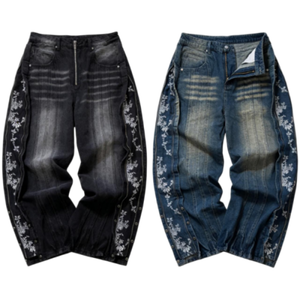 أحدث صيحات الجينز الواسع الساق للرجال بأسلوب الشارع الراقي صديق للبيئة مع نقوش زهرية وسحاب جانبي وتطريز وجيبين خلفيين - Product Image 3