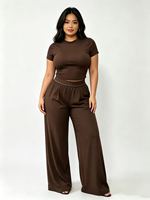 Ensemble deux pièces décontracté de haute qualité pour femme : Haut de sport élastique à manches courtes coupe ajustée + Pantalon taille haute à jambes larges Aloe