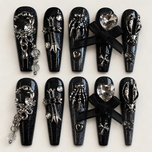Faux ongles à presser noirs à paillettes, style gothique avec strass, pour manucure spectaculaire, idéaux pour fêtes et cosplay - Product Image 1