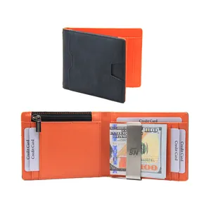 Mens bifold RFID Money clip wallet card holder with zipper coin pocket