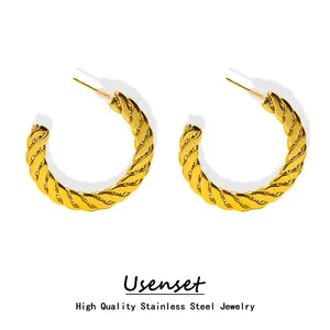 USENSET Classic Curve Stainless Steel Hoop Earrings Women 18k Gold Plated Flat Stud Ear Jewelry Waterproof