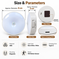 Veilleuse LED ronde à détecteur de mouvement, blanc chaud, murale, fonctionnant sur piles, rechargeable, pour chambre, couloir, escalier, placard