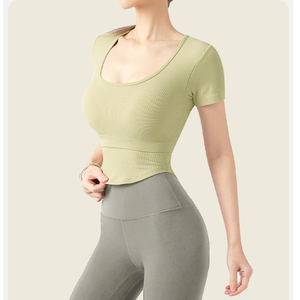 Women U Neck Ribbed Crop Yoga <b>Top</b> Built in Bra Hollow <b>Back</b> Short Sleeve Workout T Shirt Slim Fit Stretchy Pilates Athletic Tee - Product Image 2