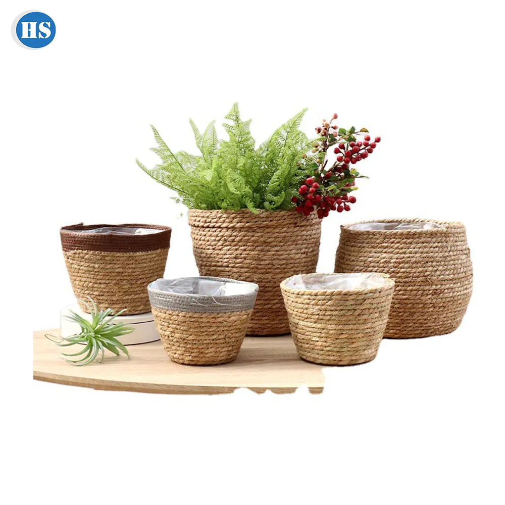 Handmade Woven Flower Basket Outdoor Indoor Straw Plant Pot for Decorate 3 Pcs