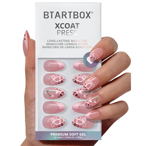 Kit de faux ongles en gel souple de haute qualité, courts, forme amande, avec colle, pour la vente en gros, motif cerise rose 3D, style French, à presser - Product Image 1