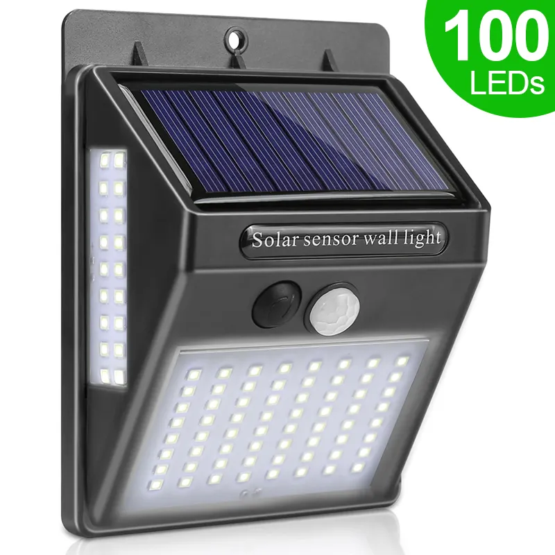 Ningbo 3 sides outdoor lighting pir 100 led bright solar powered wall mounted security light with motion sensor night light