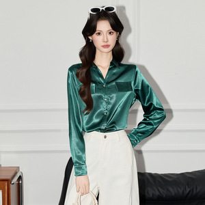 White <b>Satin</b> Long Sleeve Shirt For Women Office Wear Solid Color Elegant <b>Blouse</b> Polyester Fabric Q9841.9842 - Product Image 2