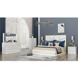 NOVA Luxus Hochglanz King Platform Bett mit LED-Licht und Leder Kopfteil Hotel Queen Schlafzimmer 4-teilige Möbel-Sets