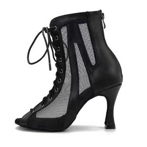 Petites tailles maille à lacets <span class=keywords><strong>talon</strong></span> haut femmes <span class=keywords><strong>bottines</strong></span> confortables noires professionnelles bottes de danse latine - Product Image 4