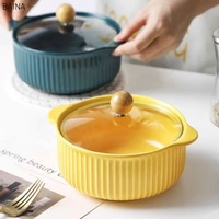 En gros, Bol de cuisson en céramique à double anse avec couvercle, grand format pour usage domestique, pour nouilles, soupe et cuisson
