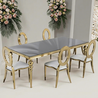 Mesa de Comedor Rectangular de Vidrio con Patas Doradas de Doble Bola, de Lujo, para Bodas, Banquetes, Hoteles y Eventos