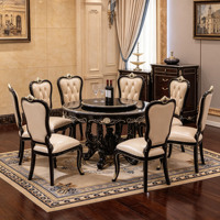 Ensemble de table à manger classique européen avec plateau tournant, cadre en bois massif sculpté, chaises en cuir, meubles de salle à manger, vente en gros