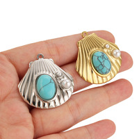 Breloques Coquillages Style Océan, Pendentifs en Acier Inoxydable Incrustés de Turquoise et d'Imitation de Perle, Accessoires de Bijoux DIY