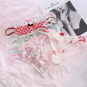 Cute Girls Ladies Mesh T-Back T-String Thongs Sexy Panties Transparent Strawberry Cherry Low-Waisted Seamless Underwear Women