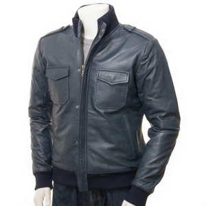 Blouson Bomber en Cuir Bleu pour Homme – Tissu de Haute Qualité, Entièrement Personnalisable, Respirant, Style Urbain Moderne et Tendance pour l'Hiver - Product Image 1