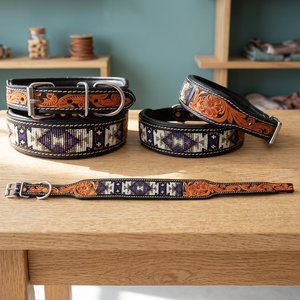 Collar para Perro Hecho a Mano 100% Cuero Genuino Estilo Western con Remaches, Acolchado Suave y Grabado a Mano con Patrón Sólido - Product Image 2