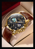 Montre-bracelet à quartz pour homme LIGE 89107, 42 mm, cadran ciel étoilé avec phases de lune, bracelet en cuir marron, chronographe à trois aiguilles, étanche 3 ATM