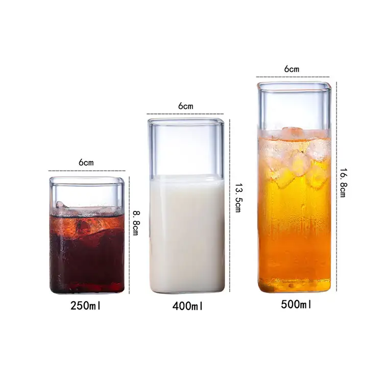 Benutzer definierte einzigartige transparente quadratische Trinkglas Kaffee Milch Tee Saft Tasse