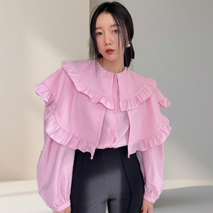 เสื้อเชิ้ตผู้หญิงสีชมพูผ้าป๊อปลิน คอปกปีเตอร์แพน แขนพองระบาย สไตล์หวานๆ สำหรับฤดูใบไม้ผลิและฤดูร้อน ทรงหลวมใส่สบาย - Product Image 3