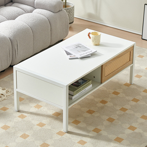 Table basse en rotin avec pieds en métal blanc, 40,16 pouces, style moderne, rangement pour salon, porte coulissante - Product Image 2