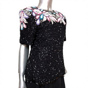 Vintage Black Sequins Scoop Neck Short Sleeve Sheath <b>Dress</b> <b>Floral</b> Embroidery Breathable <b>Cocktail</b> Evening Gown - Product Image 1