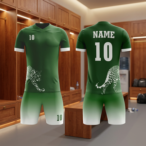 Ensemble de maillot de football personnalisé pour homme, sublimé, col en V, imprimé léopard vert, kit short athlétique anti-transpiration - Product Image 3