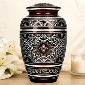 Urne funéraire traditionnelle en métal gravé marron, taille adulte, pour cendres humaines, vente en gros, offre spéciale - Product Image 1