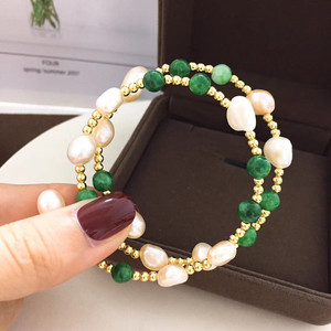 <span class=keywords><strong>Bracelet</strong></span> en perles naturelles et en agate verte pour femmes, fait à la main, de <span class=keywords><strong>3</strong></span> rangées, en forme baroque, véritable, force élastique, nouvelle collection - Product Image 4