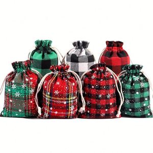 Sacs en coton à cordon de serrage à carreaux de Noël en gros 10x14cm, pochettes cadeaux de Noël en coton Buffalo pour bonbons et bijoux, personnalisables - Product Image 1