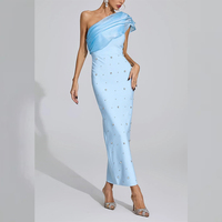 Robe longue en mousseline bleu clair asymétrique à taille empire pour femme 2025, avec corsage à volants et ornements, personnalisable pour soirée formelle