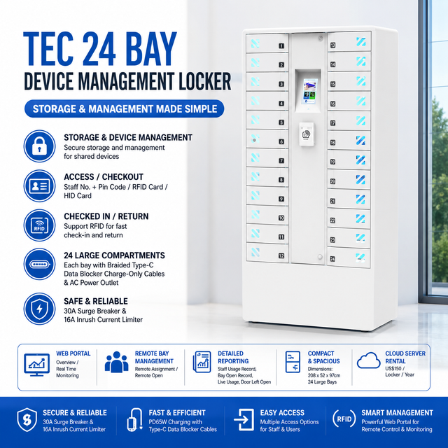 Y2 Power 24 Bay Device Management Locker RFID Staff Checkout System with PD65W Charging for Phones Tablets and Shared Devices