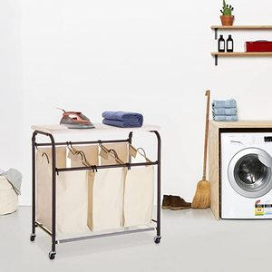 Cổ Điển Cán Giặt Sorter Giỏ Hàng Heavy Duty 3 Túi Giặt <span class=keywords><strong>Hamper</strong></span> Sorter Với Bàn Ủi - Product Image 5