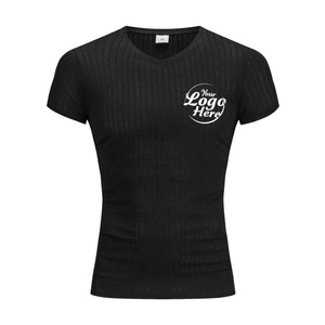 Camiseta de Manga Corta con Cuello en V, Ajustada, de Algodón, Personalizada, para Hombre, Deportiva, con Estampado Digital a Rayas, Transpirable, de Punto - Product Image 2