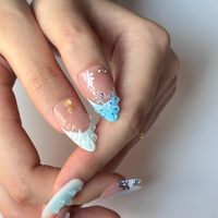 Uñas Postizas de Almendra Estilo Francés con Diseño de Mariposa y Puntas Largas, Listas para Usar, 10 Piezas, con Pegamento para Uñas